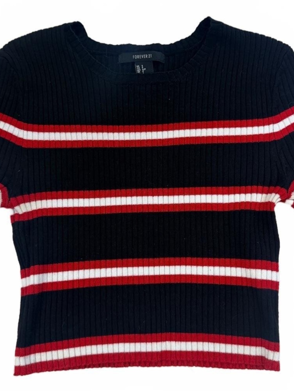 Forever 21 Black Ribbed Crop Top with Red and White Stripes